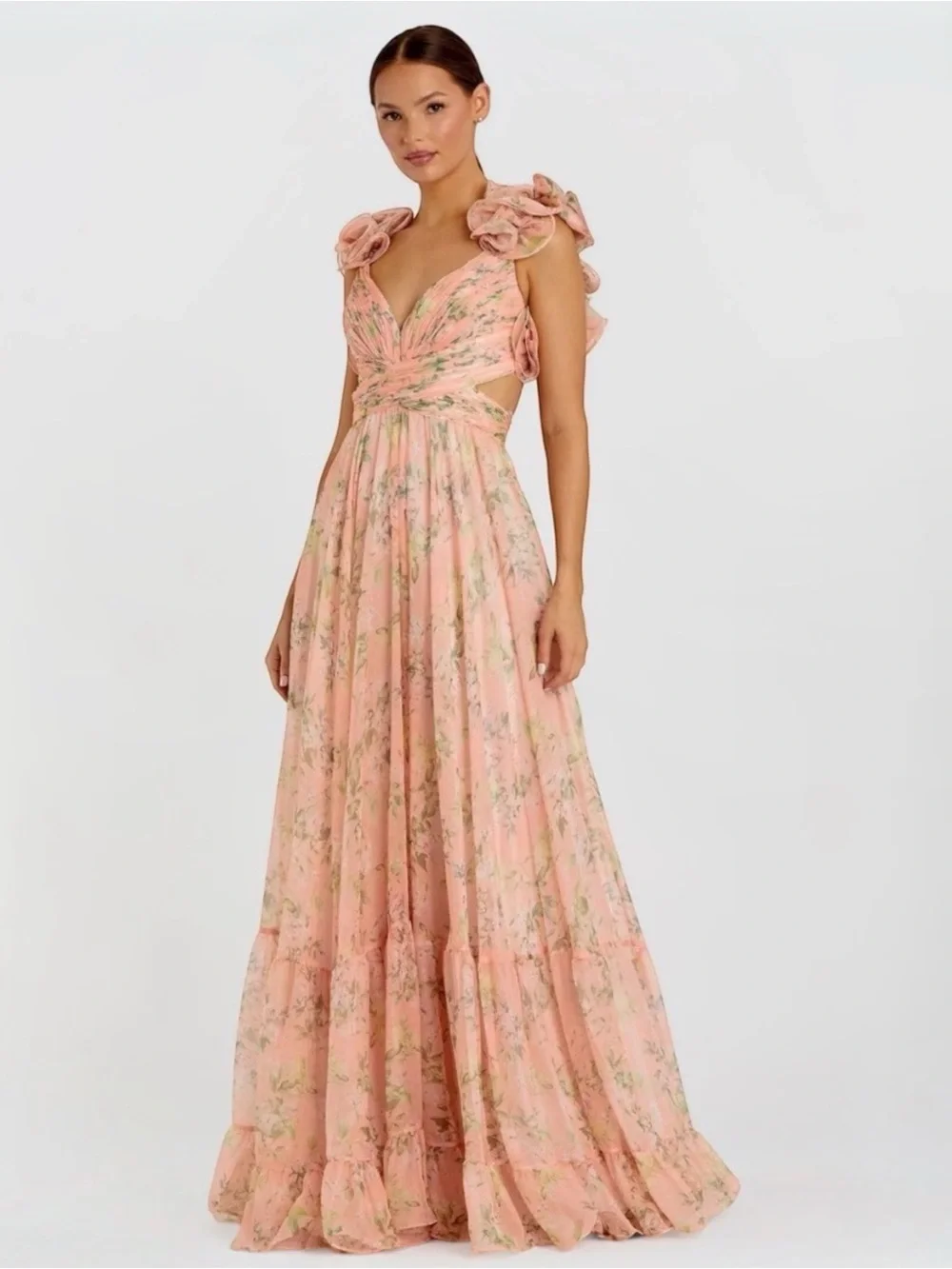 NWT Mac Duggal 67803 Ruffle Tiered Floral Cut-Out Chiffon Gown Maxi Dress Size 4 - Picture 3 of 14